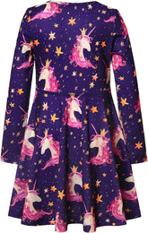 Girls Long Sleeve Dresses Unicorn Mermaid Cat Swing Fall Winter Clothes